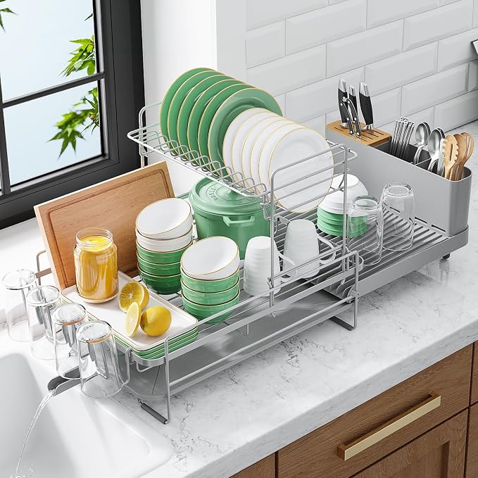 Kitsure Extendable Dish Drying Rack, 19.2"-26.7" L x 12.9" W, 2-Tier | Large Dish Rack, Multifunctional Dish Rack for Kitchen Counter, Anti-Rust Dish Drainers with Cutlery & Cup Holders,Grey by Kitsure