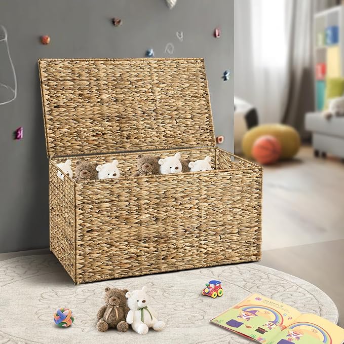 Water Hyacinth Storage Basket with Lid, 52.8 Gallon (200L) Wicker Storage Trunk with Handles, Handwoven Large Wicker Storage Basket for Blanket, Foldable, for Living Room, Bedroom, Natural - Image 7