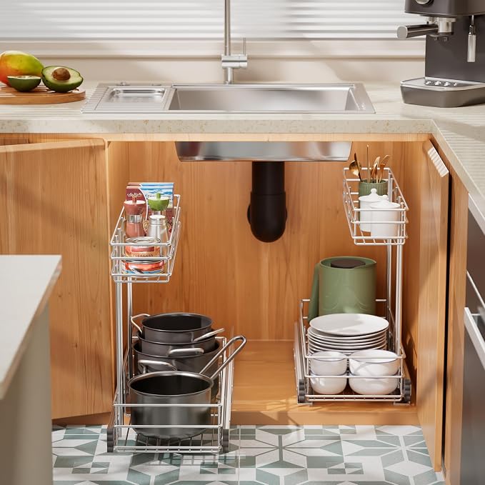 Under Sink Organizer 9" W X19 D, Pull Out Cabinet Organizer 2 Tier | 2 Pack, Chrome Plated, Full Slide Out, Under Kitchen Bathroom Sink Organizer, Pantry Cabinet Closet Organization Rack - Image 7