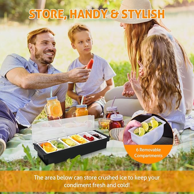 WICHEMI Ice Chilled Condiment Caddy with 6 Removable Trays and Lid, 2 Pack | Condiment Container, Taco Bar Serving Tray, Fruit & Garnish Trays Serving Platter for Salad, Party Supplies & Bar Accessories - Image 4