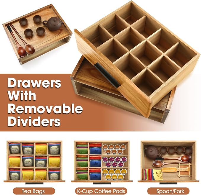 Acacia Wood Tea Bag Organizer - 12-Compartment Capacity Tea Box Organizer Storage Box with Drawer, Tea Accessories for Tea Bags Storage Drawer, Tea Station for Countertop - Image 4