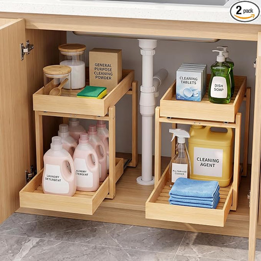 MHXW SXPN Bamboo Under Sink Organizer, 2 Pack Pull Out Cabinet Organizer | 2 Tier Vertical Smooth Slide Out Undersink Storage Shelf | Multi-Purpose Organizer Shelves for Kitchen Bathroom Medicine by MHXWSXPN
