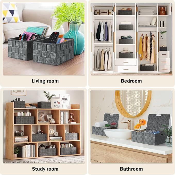 Storage Baskets with Lids: 5 Pack Stackable Woven Storage Bins, Grey | Decorative Woven Baskets for Organizing with Built-In Handles for Shelves, Closets, Cabinets and Cubbies, Gift Small Basket - Image 6