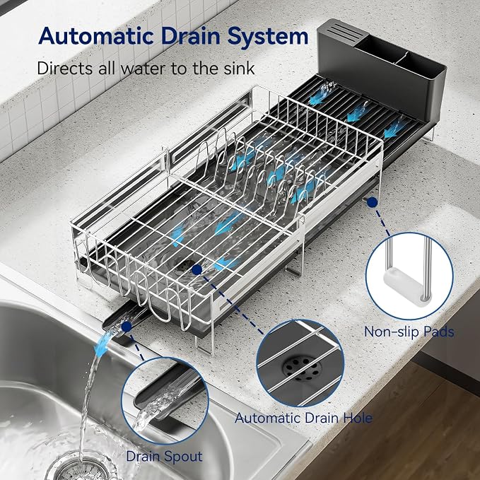Stainless Steel Dish Drying Rack - Expandable Dish Racks for Kitchen Counter Organizer with Drain Board, Detachable Utensil & Cup Holder, Dish Drainer for Small Kitchen Counter, Black - Image 4