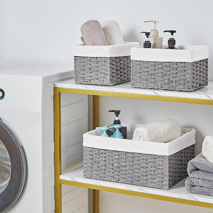 Wicker Basket, Set of 3 Hand-woven Storage Baskets for Organizing, Decorative Rectangle Wicker Storage Basket Bins with Handles, Small Toilet Paper Storage Baskets for Shelves & Decor, Grey - Image 4
