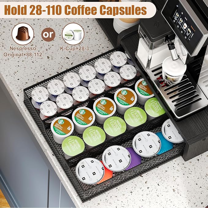 Coffee Station Organizer, 28-Pod K-Cup Holder, Coffee Bar Organizer Black | Coffee Pod Holder Drawer for Countertop,3-Tier Coffee Pod Organizer Stores Pods, Syrups, Cups & Coffee Accessories - Image 5