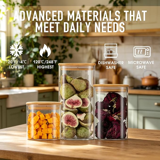 D2scrma Airtight Glass Square Storage Containers with Bamboo Lid Set of 6 (650ml*2/1100ml*2/1500ml*2) Stackable Jars, Kitchen Canister for Pantry Cereal, Nuts, Snacks and Coffee beans - Image 4