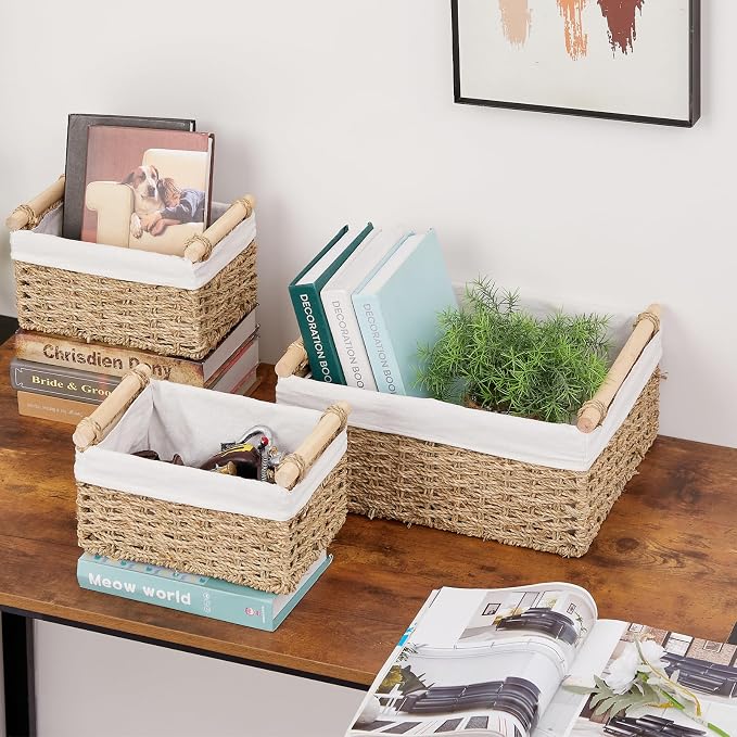 Wicker Storage Basket, 3-Packs Seagrass Storage Baskets for Organizing, Large Cube Storage Organizer Baskets Bins with Handles for Shelves Decor, Small Toilet Paper Storage Basket (Seagrass) - Image 6