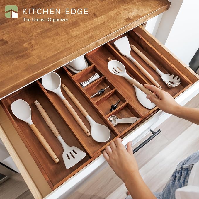 Utensil & Junk Drawer Organizer, 16-28 in, Acacia | Food-safe contract grade, 100% sustainable wood, non-slip, adjustable - Image 2