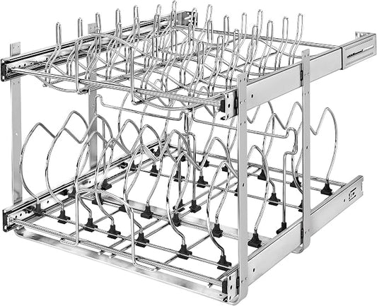 Rev-A-Shelf Kitchen Cabinet Pullout Organizer, Min Open Width of 20.5" | 2-Tier U-Shaped Cookware Storage Rack for Pots, Pans, and Lid Cookware, Adjustable Heavy Duty Wire, Chrome, 5CW-1222-CR by Rev-A-Shelf