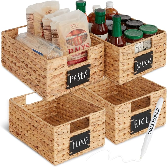Best Choice Products Set of 4 9x12in Water Hyacinth Pantry Baskets, Woven Organizers w/Chalkboard Label, Chalk Marker - Natural by Unknown