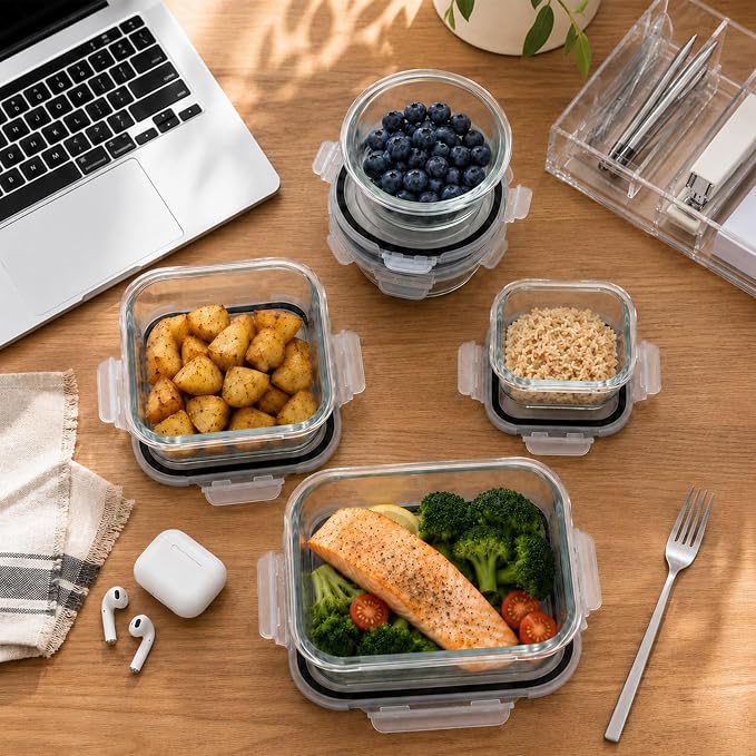 24-Piece Reusable Glass Meal Prep Containers, Meal Prep Glass Containers with Airtight Lids, Leakproof Glass Food Storage Containers, Glass Containers with Lids, Oven Freezer Safe, Black Lids - Image 6