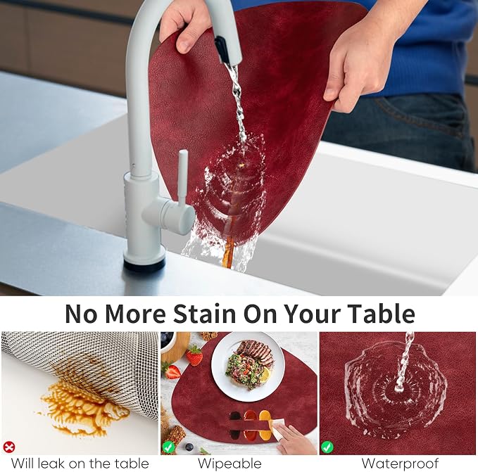 ADRIMER Placemats, Heat Resistant Round Placemats Set of 4 Washable 13 x 17 Inch, Waterproof Table Mats Wipeable for Kitchen, Dining Room Table Christmas Decor, Wine Red - Image 3