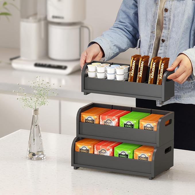 3-Tier Bamboo Tea Bag Organizer, Stackable Tea Holder for Countertop, Black | Tea Box Rack with Removable Dividers, Wall Mount Large Capacity for Pantry Drawer Cabinet Kitchen Office Coffee Station - Image 2