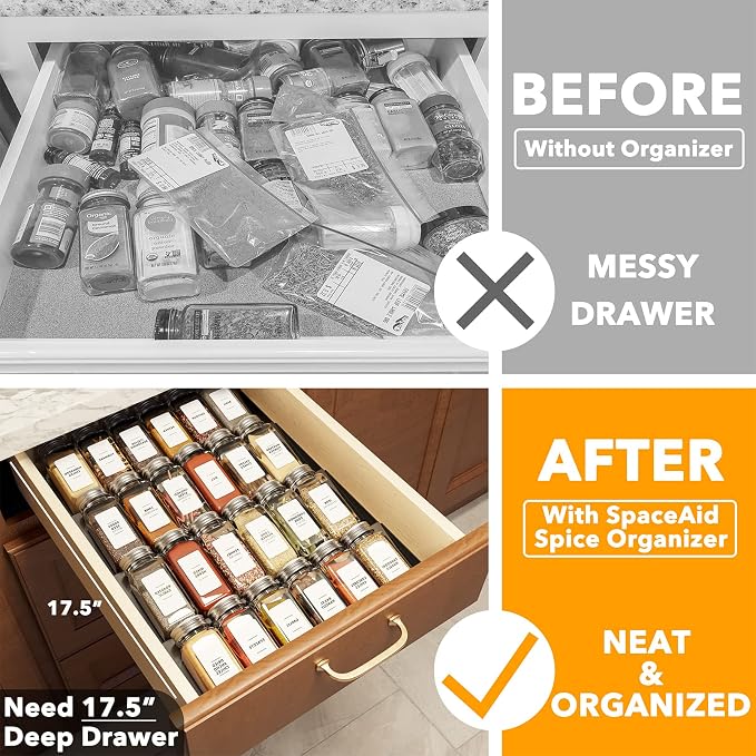 SpaceAid Spice Drawer Organizer with 24 Spice Jars, 378 White Minimalist Spice Labels, 4 Tier Seasoning Rack Tray Insert for Kitchen Drawers, 11.25" Wide x 17.5" Deep - Image 2