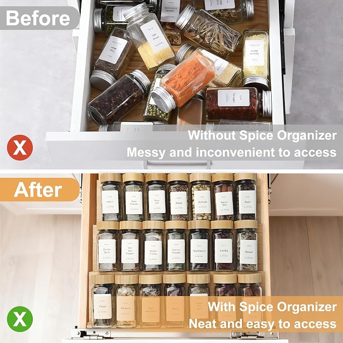 Spice Drawer Organizer with 24 Bamboo-lidded Spice Jars,216 Labels,25 Non-slip Rubber, Bamboo 4 Tier Seasoning Rack Tray Insert for Kitchen Drawers,Cabinets,Countertop,11" Wide x 15.8" Deep - Image 5