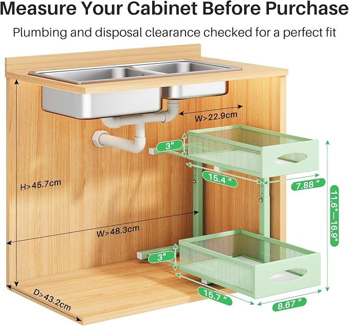 Under Sink Organizer, 2 Tier Pull out Cabinet Organizer Baskets with Mesh Sliding Drawers, Slide out Storage Shelf for Home, Kitchen, Bathroom, Pantry, Office Cabinet(1 Pack, Green) - Image 2