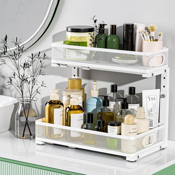 Under Sink Organizer, High Adjustable 2 Tier Under Sink Organizers and Storage, Slide out Metal Cabinet Organizers, Pull out Storage Drawer Shelf for Kitchen Bathroom Cabinet (White-1 pack) - Image 8