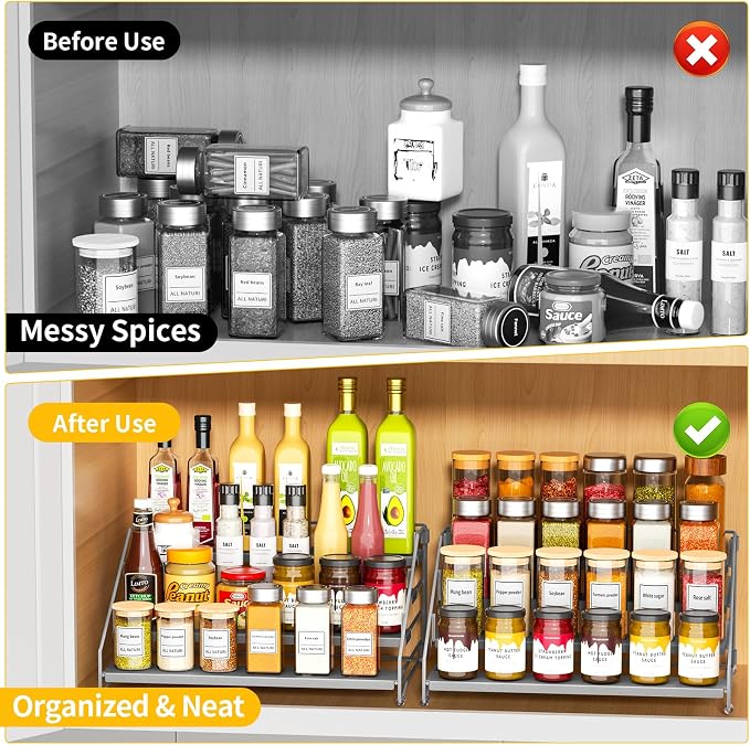 2 Pack Spice Rack Organizer for Cabinet, Depth Adjustable 4 Tier Spice Rack | Silver, Metal Spice Organization for Cabinet, Easy Visibility, Tiered Spice Rack Perfect for Cabinet, Pantry and Countertop - Image 2