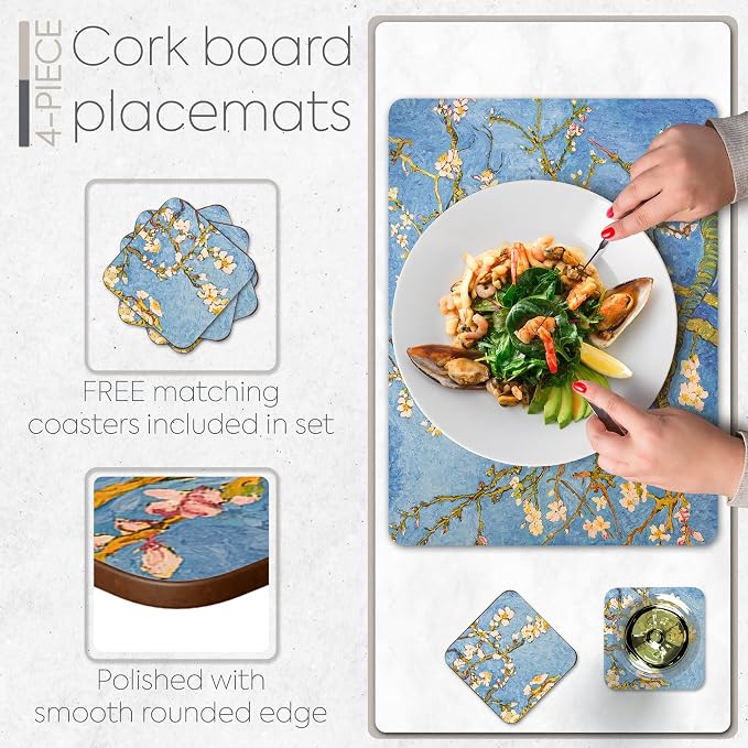 Set of 4 Heat Resistant Cork Placemats for Dining Table with Free Set of 4 Matching Drink Coasters Van Gough Blue Botanical Design 16 x 12 Inches Cork Backed Hard Placemats (Almond Blossoms) - Image 4