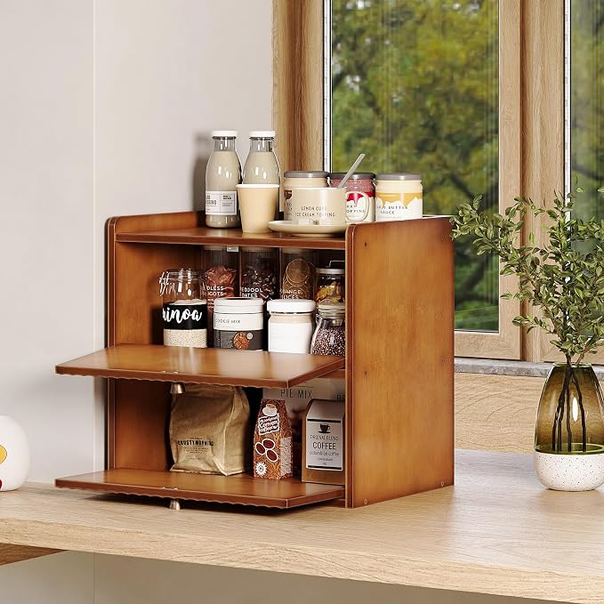 Trironsun Rustic Bread Box for Kitchen Countertop Bamboo Bread Storage Container Bin Double Layer BreadBox Farmhouse Large Capacity Food Organizer (Brown) - Image 7