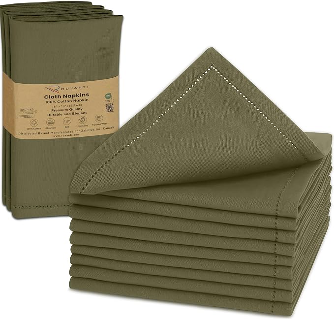 Ruvanti Cloth Napkins Set of 12, 100% Cotton High GSM 18x18 Inches, Hem Stitched Corners, Soft, Washable, Durable & Absorbent, Perfect for Parties, Christmas, Thanksgiving Dinners – Capulet Olive by Ruvanti