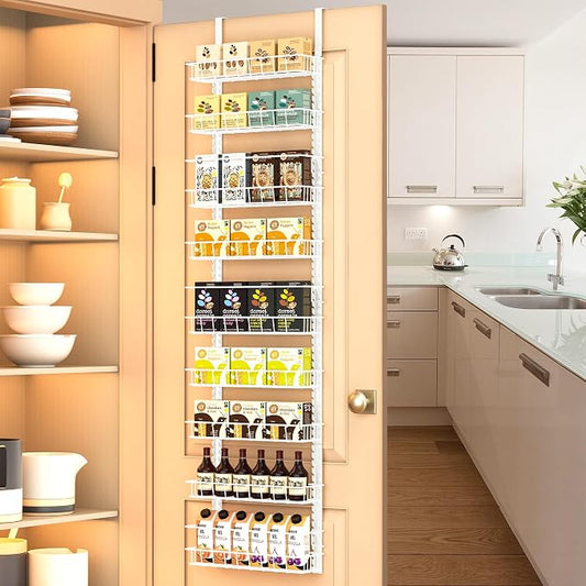 Churboro 9 Tier Over Door Pantry Organizer, 2-in-1 Adjustable Spice Rack | Metal Pantry Door Organizers and Storage, Hanging or Wall Mount Shelves with 9 Adjustable Baskets, 3 Safety Bars, White by Churboro