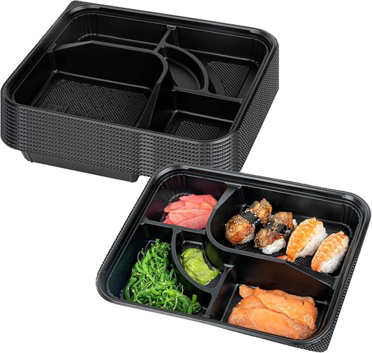 Restaurantware-Bento Tek 26.2 Ounce Meal Prep Containers, 50 Disposable To Go Food Boxes - Lids Sold Separately, 5 Compartments, Black Plastic Bento Lunch Boxes, Microwavable, Freezable by Restaurantware