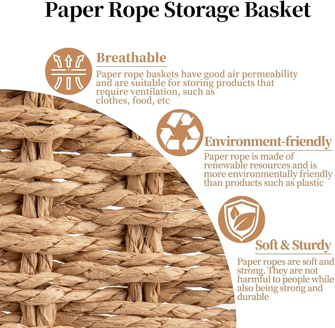 OIAHOMY Pantry Baskets for Organizing, Paper Rope Baskets with Built-in Handles, Wicker Storage Baskets for Shelves, 3 Pack-Yellow - Image 4