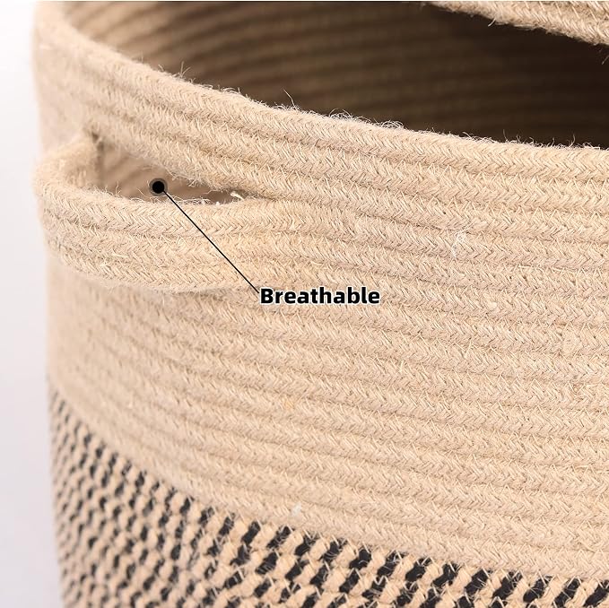 Extra Large Storage Basket with Lid 60L, 16"Wx18"H Woven Laundry Hamper Basket with Handle, Jute Rope Wicker Basket Blankets Pillows Storage in Living Room Baby Nursery, Jute/Black Mix includes Lid - Image 6