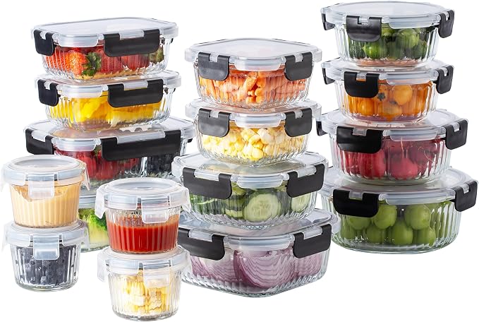 COOK WITH COLOR Premium 32-Pc. Borosilicate Glass Food Container Set with Dividers - 4 Rectangles, 8 Rounds, 4 Squares - Leakproof Lids - Meal Prep, Storage, Fluted Ombre Black - Image 8