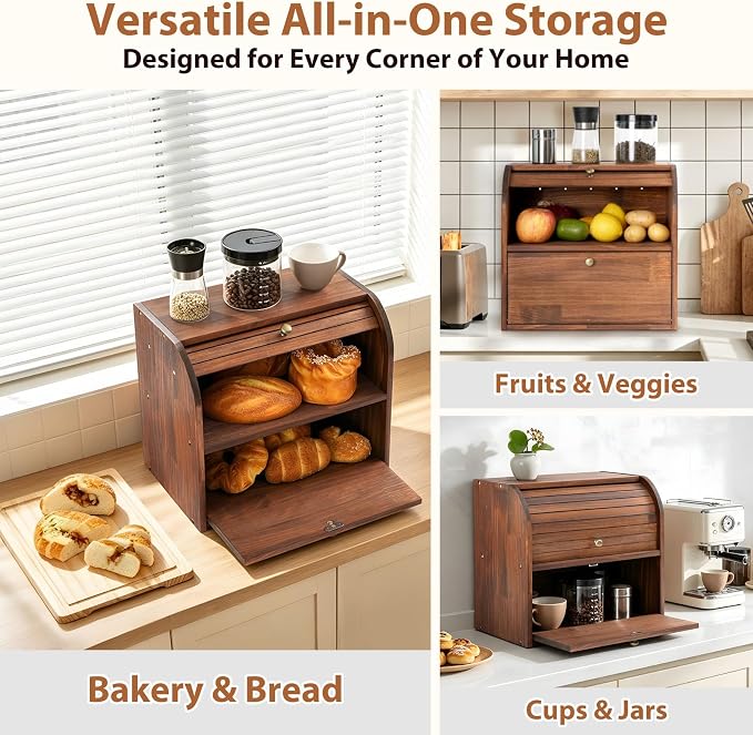 Sunhoo Wooden Bread Box for Kitchen Countertop, Roll Top Breadbox, Brown | Large Double Layer Pantry Container, Solid Wood with Cutting Board, Fresh Homemade Sourdough Bin Cabinet, Vintage Farmhouse - Image 7