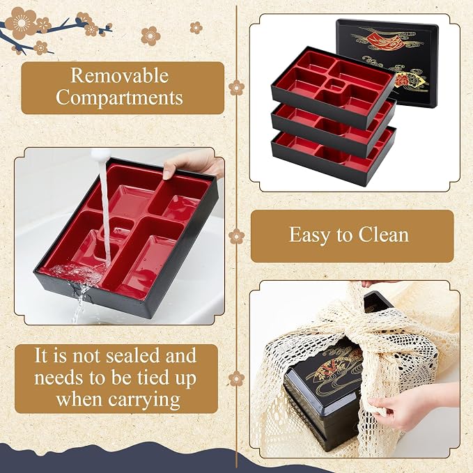Teenyyou 1 Pcs Three -Tier Japanese Lunch Bento Box 10.6 x 8.3 x 6.1 Inch Japanese Stackable Lunch Box Divided Bento Container with Greaseproof Gift for Sushi Meal Snack Home Restaurant - Image 3