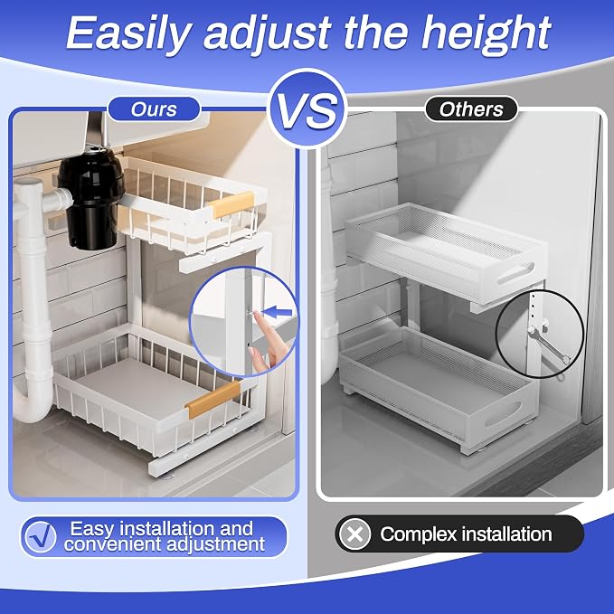 ADBIU 2 Pack Under Sink Organizers and Storage, Height Adjustable 2-Tier Pull Out Cabinet Organizer, Heavy Duty Slide Out Sink Shelf Drawer for Kitchen Bathroom Organization - Image 3