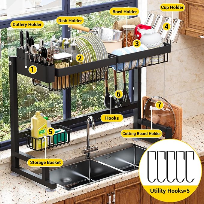ilvvan Over Sink Dish Drying Rack (Expandable Height/Length) Snap-On Design Large Dish Drainer Storage Counter Organizer 24" - 35.5"(L) x 12"(W) x 19" - 22"(H) - Image 9