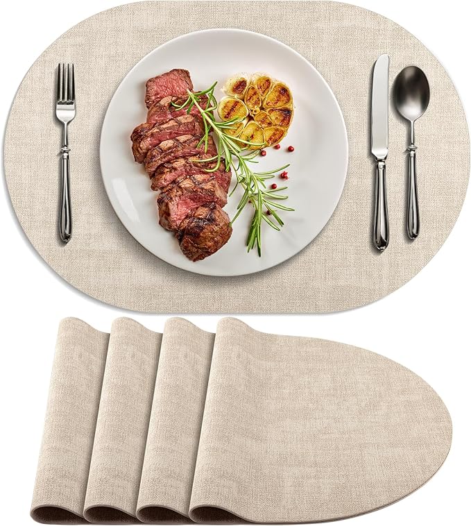 Placemats for Dining Table Set of 4 Non-Slip, Heat Resistant Oval Leather Placemat Double Layer, Waterproof Table Mats Easy to Clean for Kitchen Dining Room Coffee Office Table, Beige by Delicateandelegantplacemats