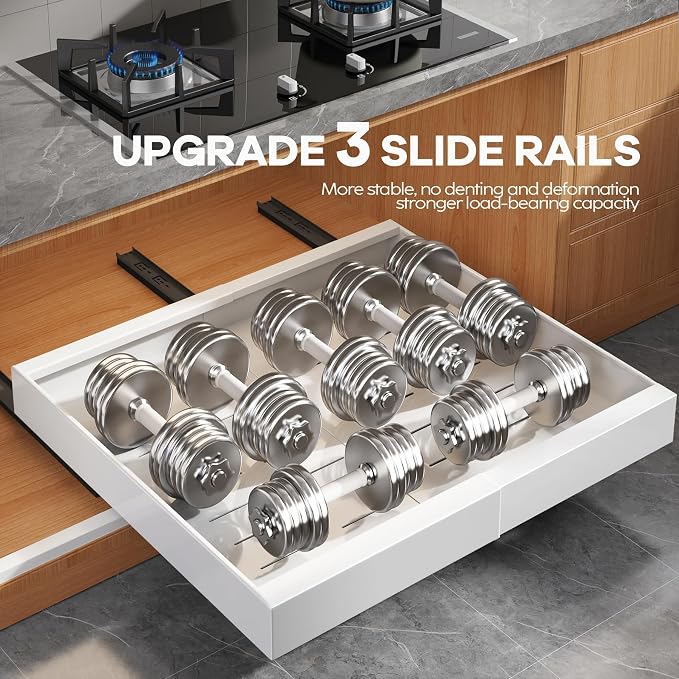 Seinloes 2 Pack Pull Out Cabinet Organizer for Wide Cabinets,Expandable 15.1"-26.3" Width,21" Deep Slide Out Drawers With Raising Pad for Framed Cabinets,3 Slide Rails,No Drill Roll Out Shelves,White - Image 4