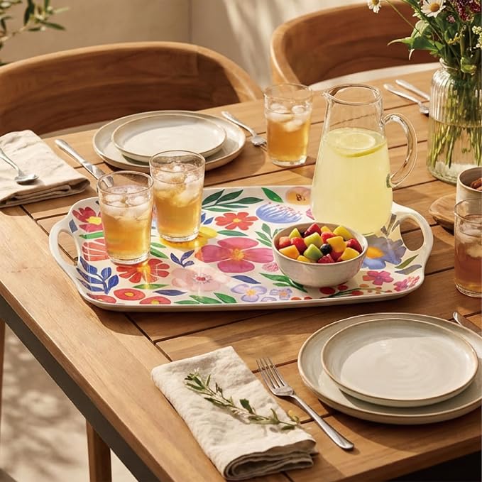TP Large Melamine Serving Trays with Handles, 19" x 12", Set of 2, Floral | Rectangular Trays, Serving platters, Turkey and Party Serving, Lightweight, Break-resistant - Image 3