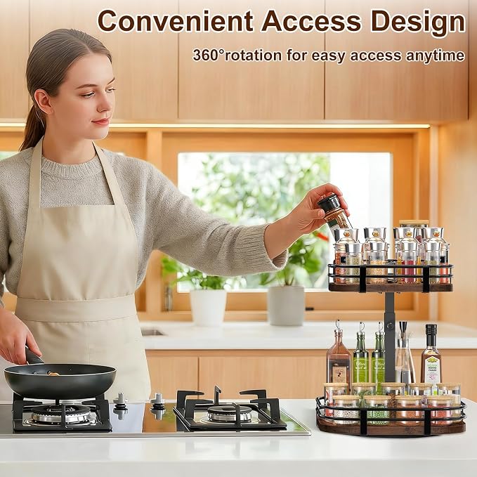 12" Large Lazy Susan Turntable Organizer - 2 Tier Spice Rack for Table Top | Rotating Wood Spice Cabinet Organizer for Pantry Kitchen Countertop Coffee Bar Cupboard Bathroom Vanity Storage - Image 5