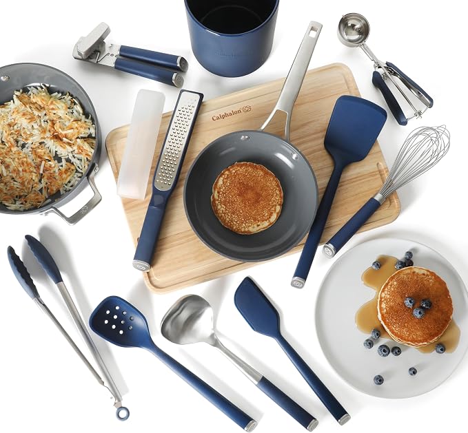 Calphalon Edge 10-Piece Kitchen Utensil Set with Crock, Stainless Steel and Silicone Cooking Tools, Nonstick-Safe Utensils with Comfortable Handles, Navy Blue - Image 4