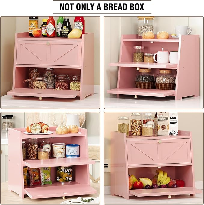 Trironsun Vintage Double Layer Bread Box for Kitchen Counter Bamboo Bread Storage Container Large Capacity Bread Storage Bin (Pink) - Image 9
