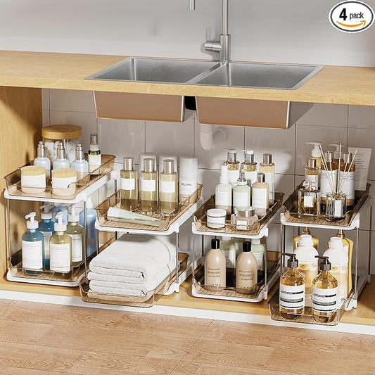 Delamu 2-Tier Multi-Purpose Bathroom Under Sink Organizers and Storage, Stackable Kitchen Pantry Organization, Pull Out Medicine Cabinet Organizer with Movable Dividers, Amber, 4 Pack by DELAMU