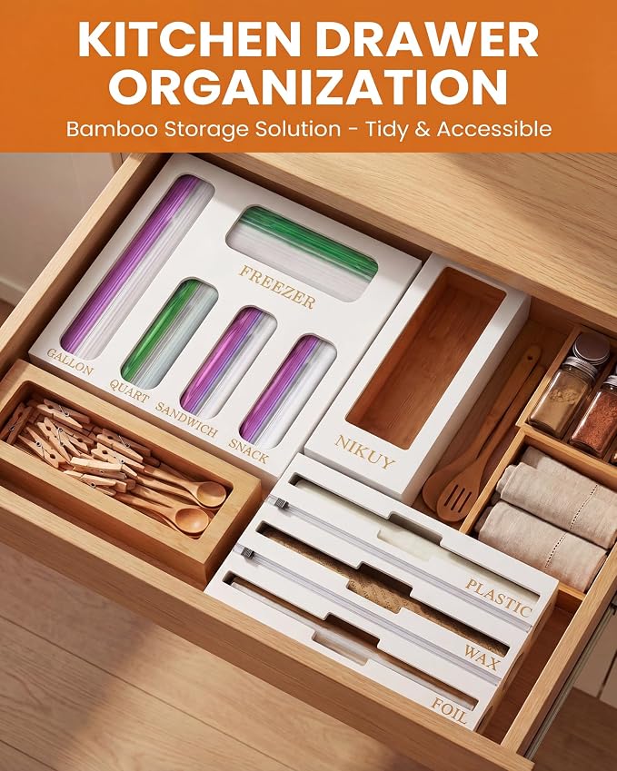 Bamboo Foil and Plastic Wrap Organizer for Kitchen Drawer, 9 in 1 Plastic Bag Organizer Organization and Storage, Food Storage Bag Organizer with Labels for Quart Gallon Snack (White) - Image 6