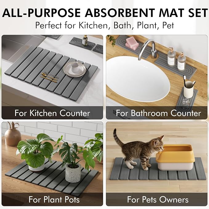 4 Pcs Stone Dish Drying Mat for Kitchen Counter, 24''x16'' Super Absorbent Diatomaceous Earth Stone Drying Mat Faucet Mat with 2 Coasters, Quick Dry Mat for Kitchen Counter Dishes Cups - Image 6