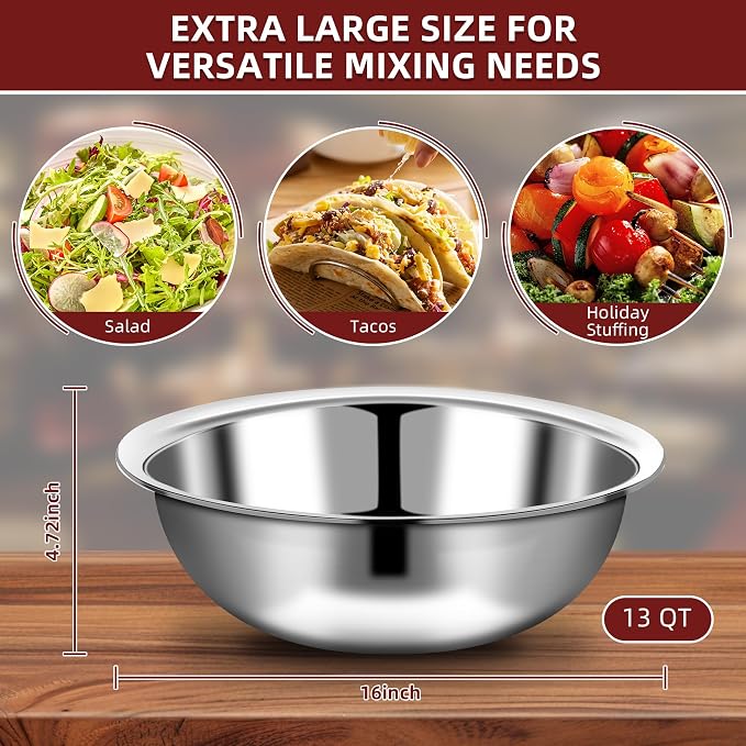 6 Pcs Stainless Steel Mixing Bowls Metal Mixing Bowls Extra Large Basin Salad Bowl with Deeper Edge, Dishwasher Safe, Mirror Finish for Home and Commercial, Silver (16 Inch 13 Qt) - Image 2
