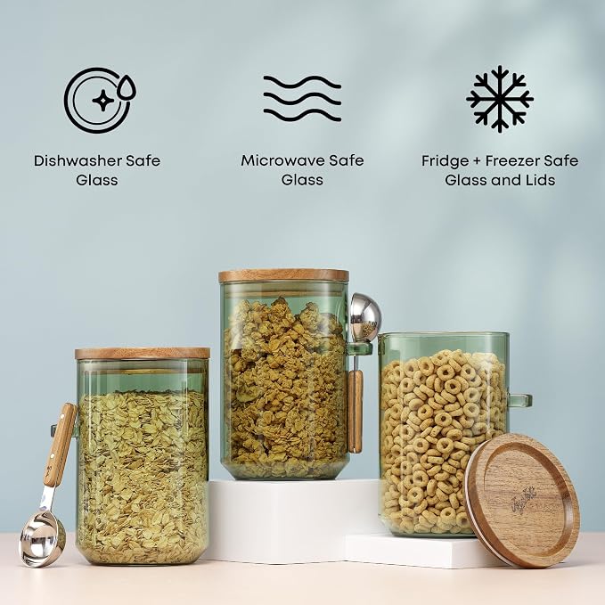 JoyJolt Holden 32oz Stackable Glass Storage Containers with Lids and Scoops, Airtight Food Canister Set of 3 w/Acacia Wood Lids, Round Stacking Pantry and Kitchen Containers w/Scoop | Sage Green - Image 3