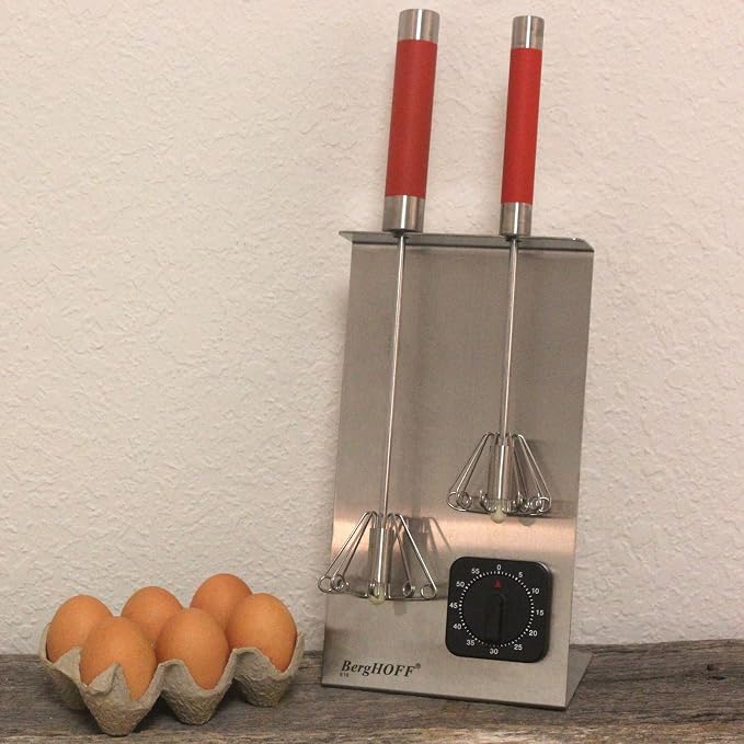 Berghoff Stainless Steel 3Pc Whisk Set, Countertop Stand & Integrated Timer | 3Pc Set of 18 10 Corrosion Resistant Rotating Mixing Whisks, Ergonomic Long Handle for Kitchen Cooking, Silver & Red - Image 2
