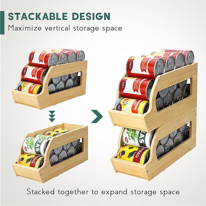 Bamboo Can Organizers and Storage for Pantry(2 Pack), Stackable | Soda Can Organizer Beverage Drink Holders, Canned Goods Organizer Can Dispenser for Pantry, Kitchen, Cabinet - Image 4