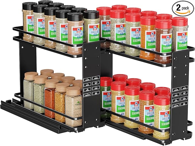 Nieifi Pull Out Spice Rack Organizer, 2 Tiers, Black | Spice Organization for Cabinet, Height Adjustable, Easy to Install by Nieifi