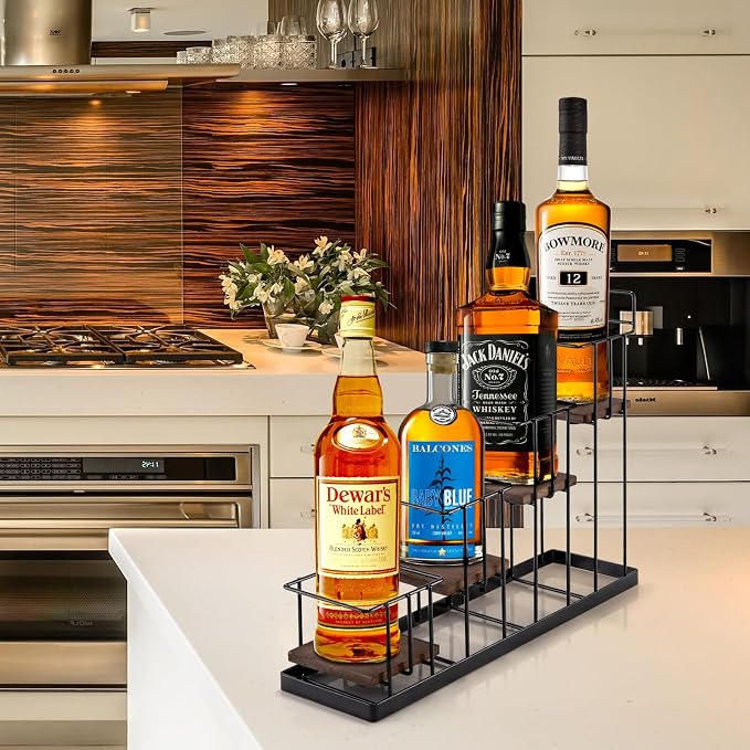 Coffee Syrup Rack Organizer, with Rustic Wood Holder Coffee Station Bar Accessory for Syrup, Wine, Dressing Bottle Countertop Display Storage Stand for Kitchen with Basket and Hooks Holds 4 Bottles - Image 7